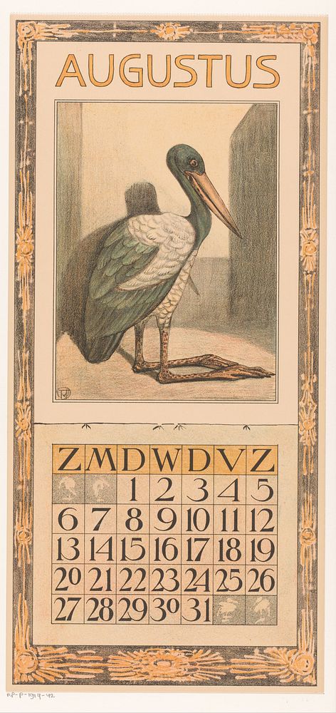 Kalenderblad augustus met nimmerzat (1904) by Theo van Hoytema, Tresling and Comp and Theo van Hoytema