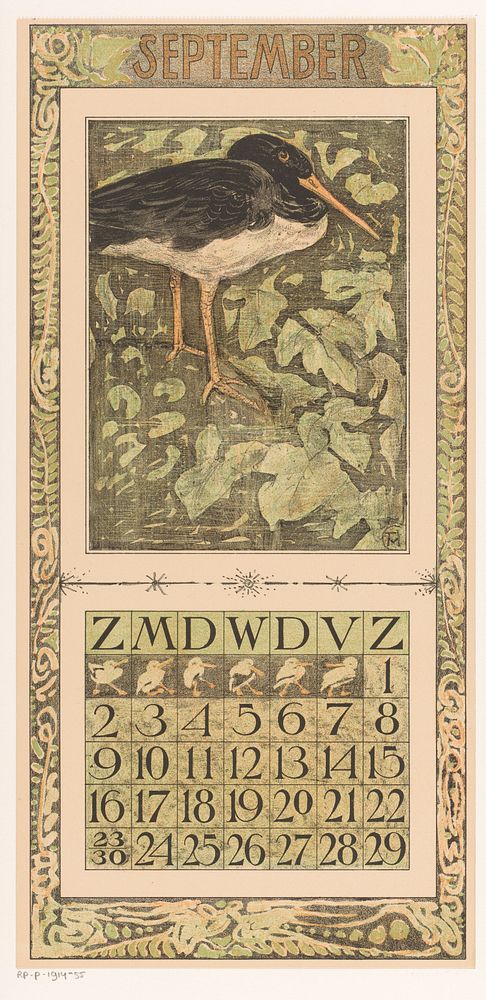Kalenderblad september met scholekster (1905) by Theo van Hoytema, Tresling and Comp and Theo van Hoytema