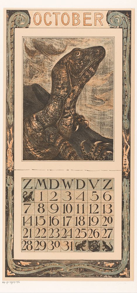 Kalenderblad oktober met leguaan (1905) by Theo van Hoytema, Tresling and Comp and Theo van Hoytema