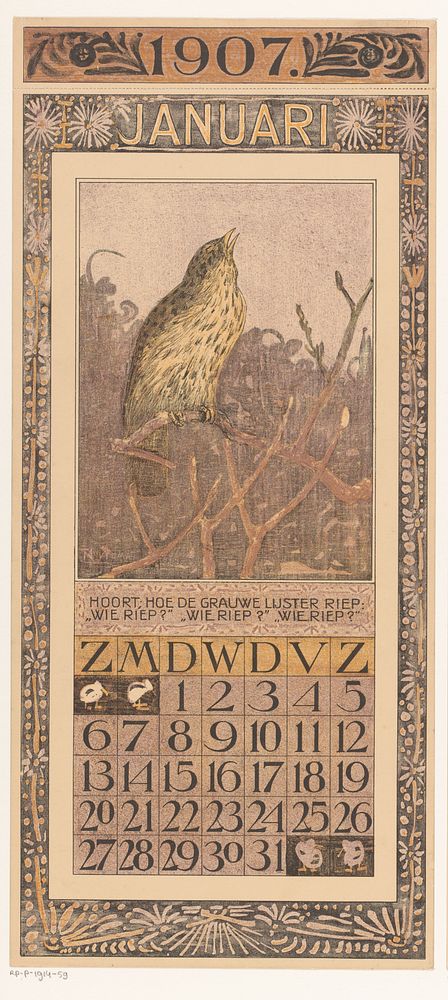 Kalenderblad januari met lijster (1906) by Theo van Hoytema, Tresling and Comp and Theo van Hoytema