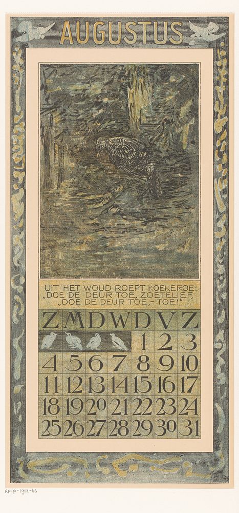 Kalenderblad augustus met vogel in het bos (1906) by Theo van Hoytema, Tresling and Comp and Theo van Hoytema