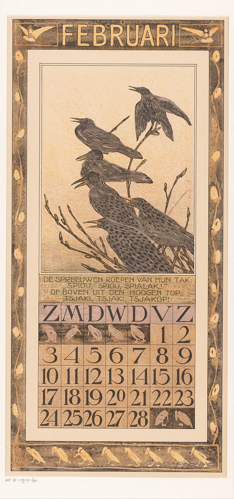 Kalenderblad februari met spreeuwen (1906) by Theo van Hoytema, Tresling and Comp and Theo van Hoytema