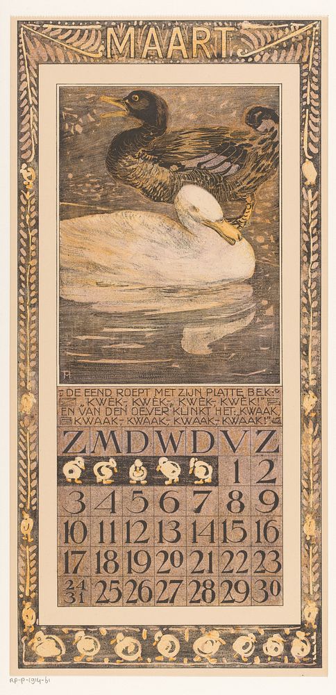 Kalenderblad maart met eenden (1906) by Theo van Hoytema, Tresling and Comp and Theo van Hoytema