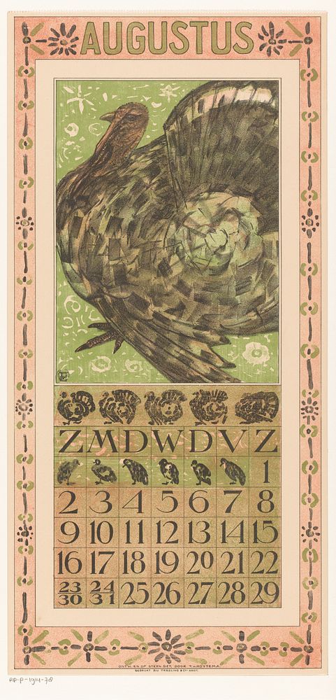 Kalenderblad augustus met kalkoen (1907) by Theo van Hoytema, Tresling and Comp and Theo van Hoytema