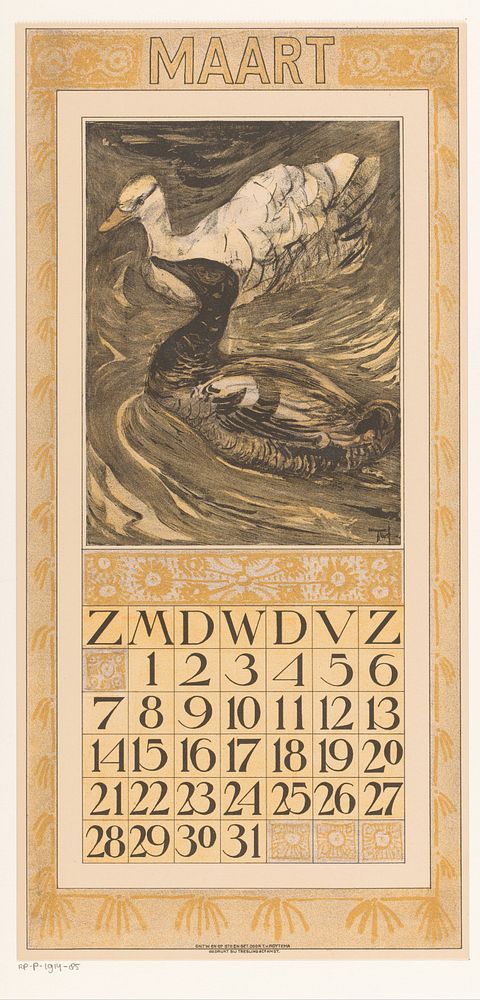 Kalenderblad maart met een zwarte en een witte eend (1908) by Theo van Hoytema, Tresling and Comp and Theo van Hoytema