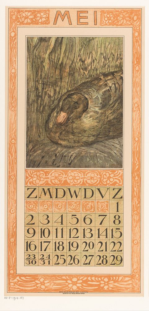 Kalenderblad mei met broedende eend (1908) by Theo van Hoytema, Tresling and Comp and Theo van Hoytema