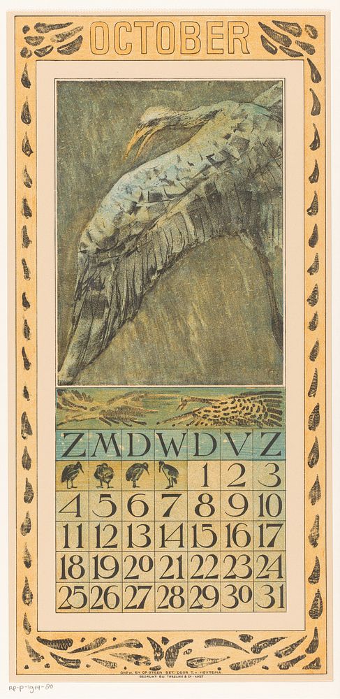 Kalenderblad oktober met vliegende vogel (1907) by Theo van Hoytema, Tresling and Comp and Theo van Hoytema