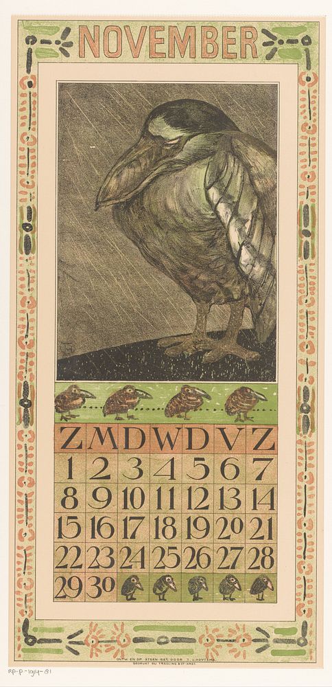 Kalenderblad november met vogel in de regen (1907) by Theo van Hoytema, Tresling and Comp and Theo van Hoytema