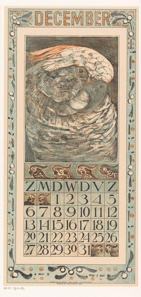 Kalenderblad december met papegaai (1907) by Theo van Hoytema, Tresling and Comp and Theo van Hoytema