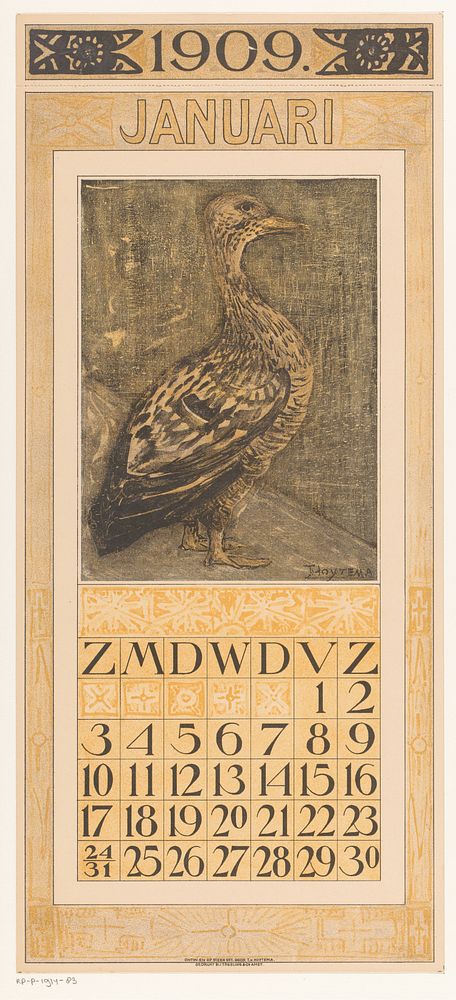 Kalenderblad januari met staande eend (1908) by Theo van Hoytema, Tresling and Comp and Theo van Hoytema