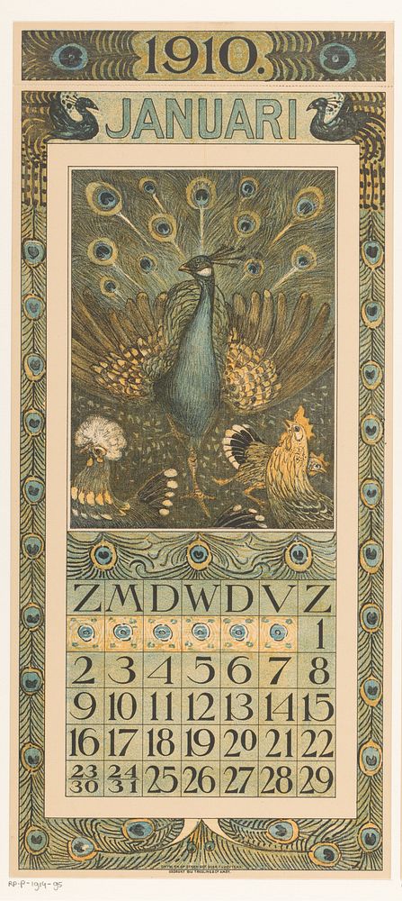 Kalenderblad januari met pauw en kippen (1909) by Theo van Hoytema, Tresling and Comp and Firma Ferwerda en Tieman