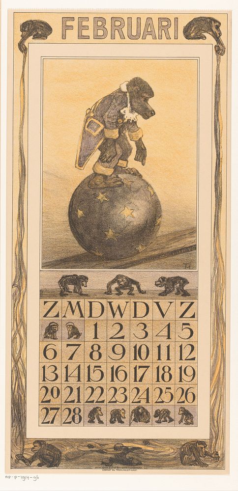 Kalenderblad februari met aap op een bal (1909) by Theo van Hoytema, Tresling and Comp and Firma Ferwerda en Tieman