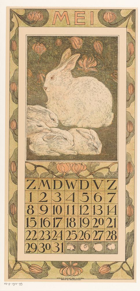 Kalenderblad mei met konijnen (1909) by Theo van Hoytema, Tresling and Comp and Firma Ferwerda en Tieman