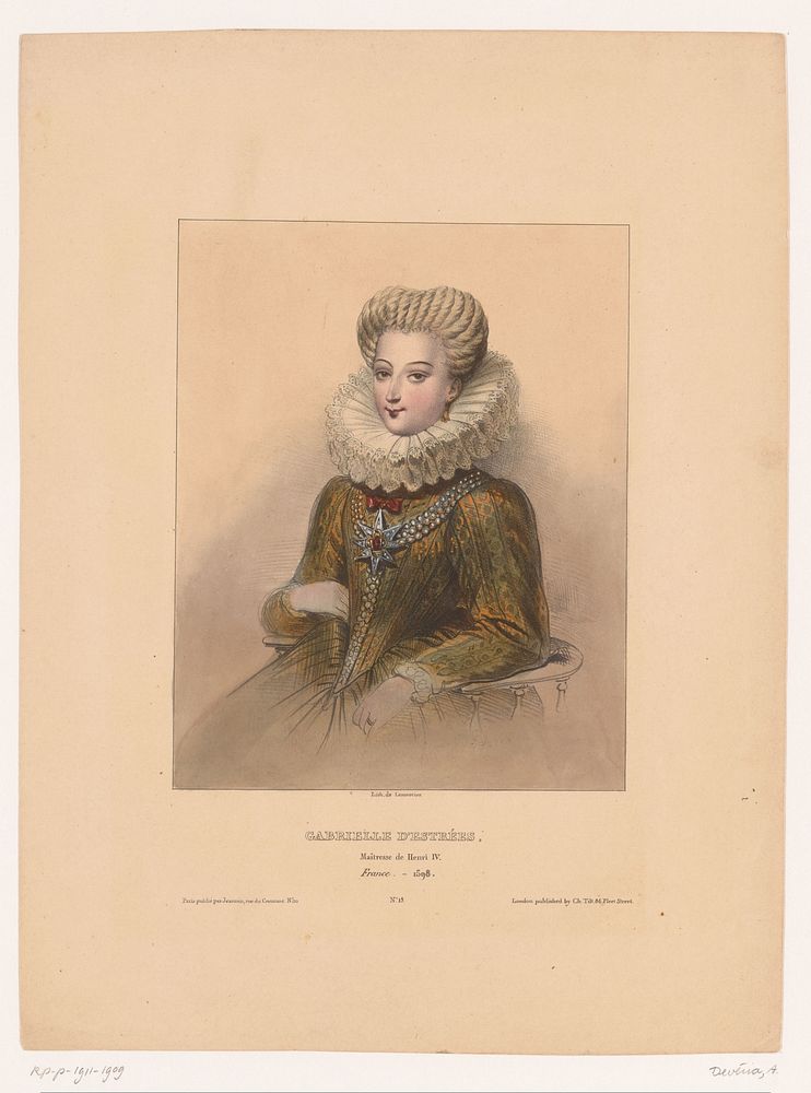 Portret van Gabrielle d'Estrées (c. 1832) by Achille Devéria, Joseph Rose Lemercier, Henri Jeannin and Charles Tilt