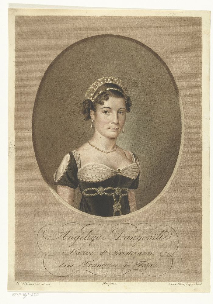 Portret van actrice Angélique Dangeville in kostuum voor toneelstuk Françoise de Foix (1793 - 1852) by Antonie van der Beek…