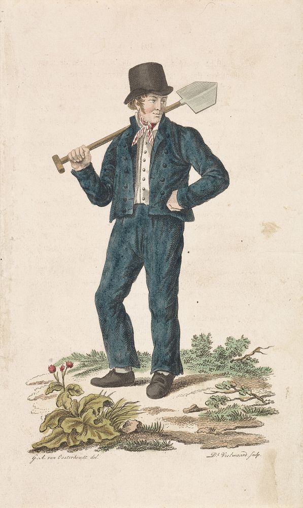 Man met een spade over zijn schouder (1802 - 1851) by Daniël Veelwaard I and Gerrit Adrianus van Oosterhoudt