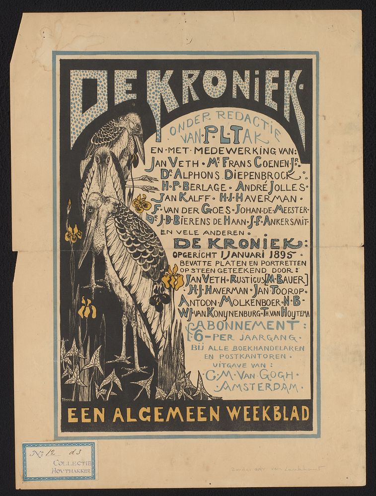 Affiche ter aankondiging van het tijdschrift 'De kroniek' (before 1895) by Theo van Hoytema, Samuel Lankhout and Cornelis…