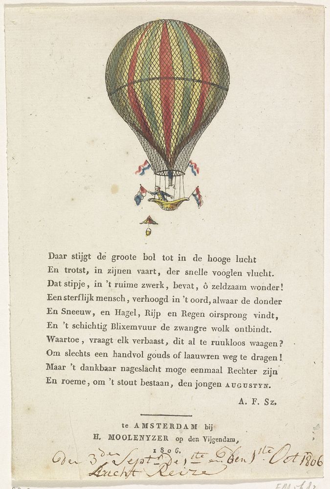 Luchtballon van de heer Augustin, 1806 (1806) by anonymous, Arend Fokke Simonsz and Hendrik Moolenyzer