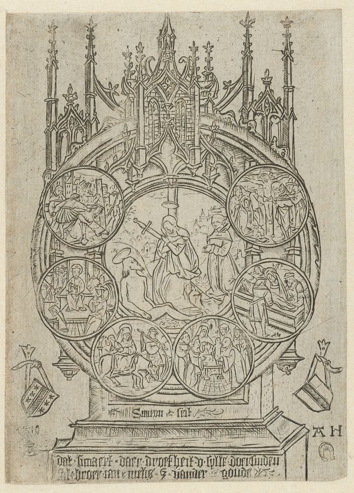De bewening van Christus in een schrijn met zes andere voorstellingen uit het leven van Christus (1510) by Meester AH met…