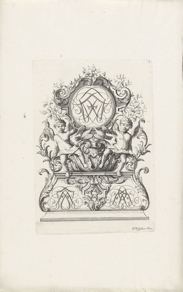 Twee putti en twee duiven dragen een monogram (1690 - 1710) by Gerrit Visscher and Alexis Loir I