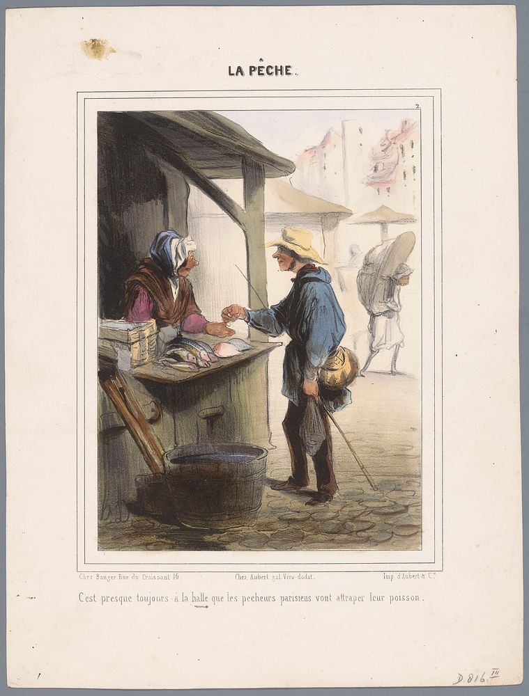 Visser koopt vis in de markthal (1840) by Honoré Daumier, Aubert and Cie and Bauger