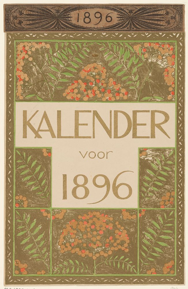 Dekblad van de kalender voor 1896 (1895) by Theo Nieuwenhuis and Scheltema and Holkema s Boekhandel