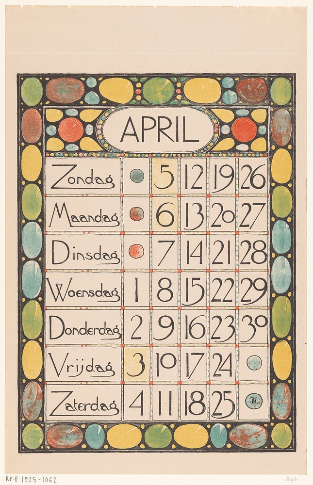 Kalenderblad voor april 1896 (1895) by Theo Nieuwenhuis and Scheltema and Holkema s Boekhandel