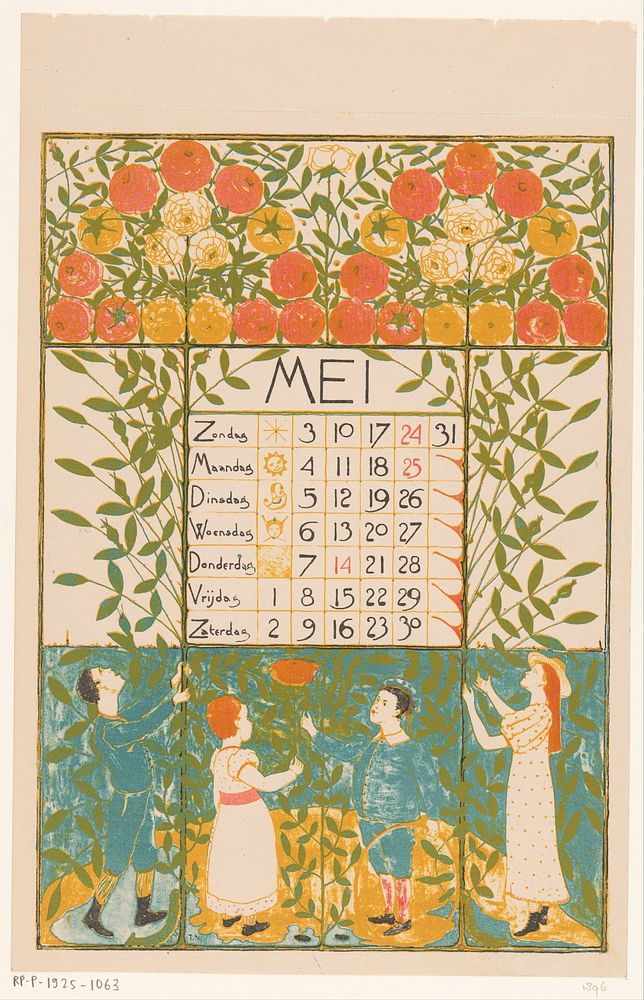 Kalenderblad voor mei 1896 (1895) by Theo Nieuwenhuis and Scheltema and Holkema s Boekhandel