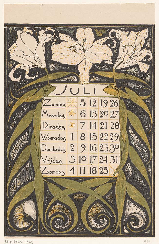 Kalenderblad voor juli 1896 (1895) by Theo Nieuwenhuis and Scheltema and Holkema s Boekhandel