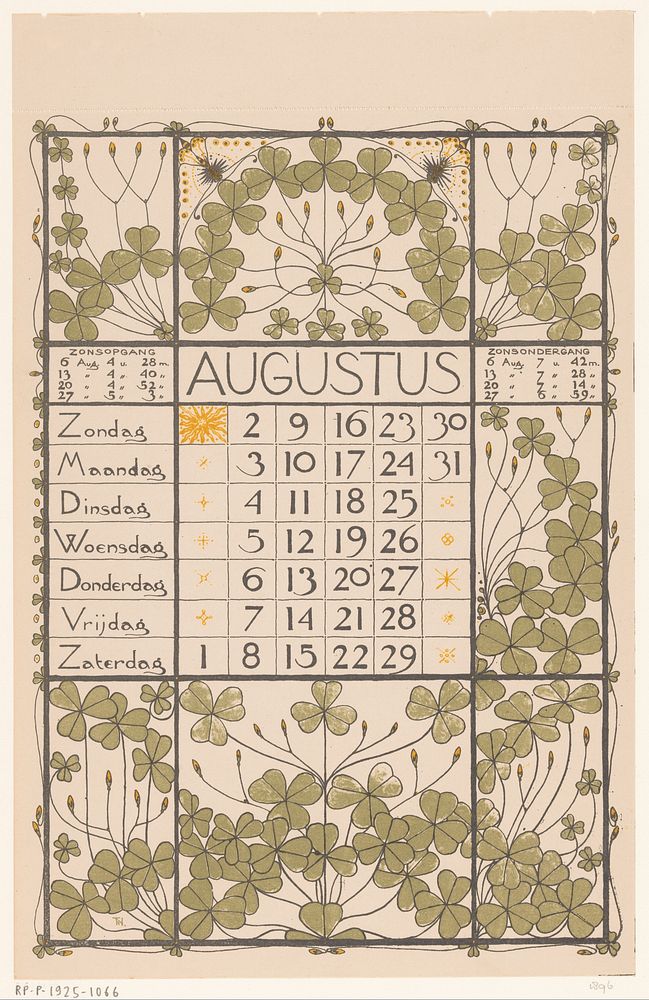 Kalenderblad voor augustus 1896 (1895) by Theo Nieuwenhuis and Scheltema and Holkema s Boekhandel