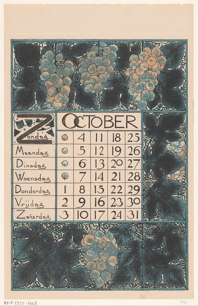 Kalenderblad voor oktober 1896 (1895) by Theo Nieuwenhuis and Scheltema and Holkema s Boekhandel