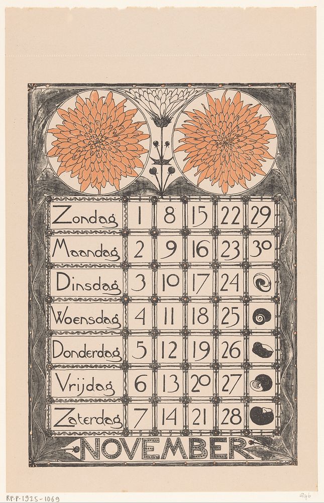 Kalenderblad voor november 1896 (1895) by Theo Nieuwenhuis and Scheltema and Holkema s Boekhandel