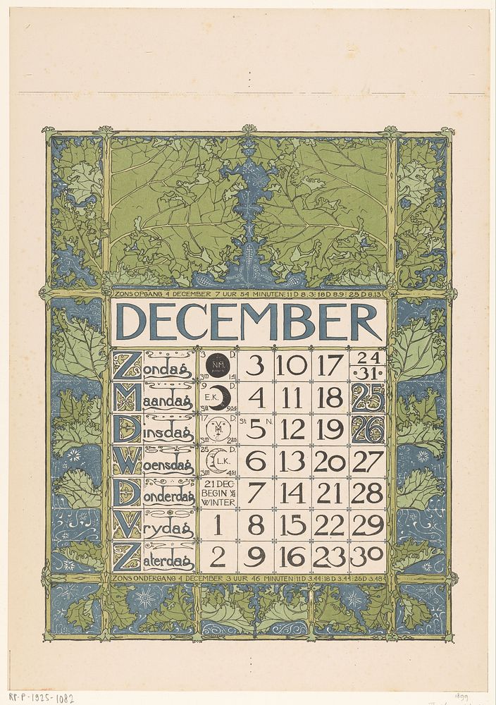 Kalenderblad voor december 1899 (1898) by Theo Nieuwenhuis and Scheltema and Holkema s Boekhandel