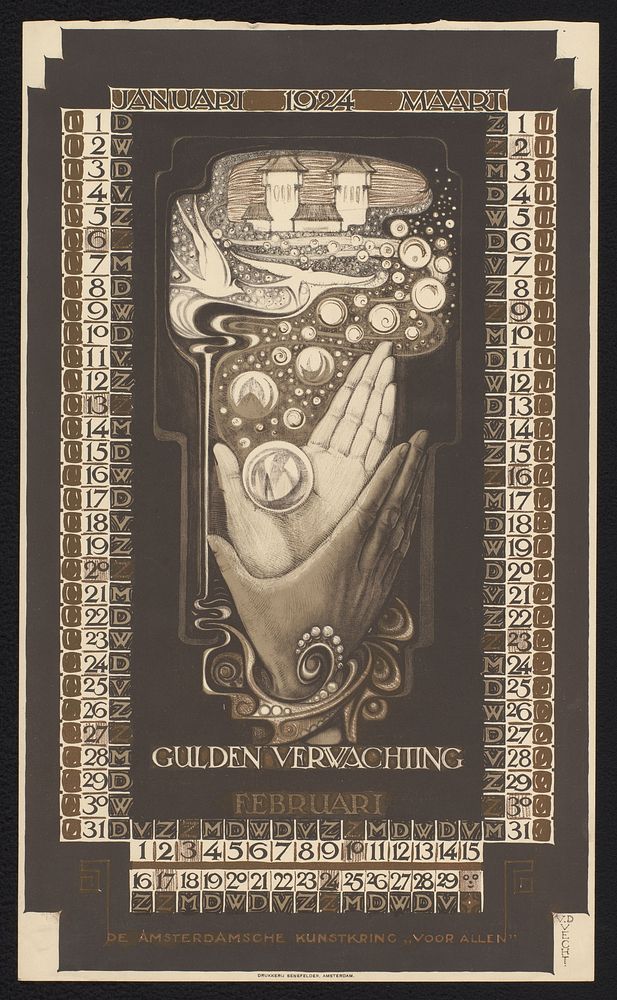 Kalenderblad voor januari tot en met maart 1924 (1923) by Nicolaas van de Vecht, Senefelder N V and Amsterdamse Kunstkring…