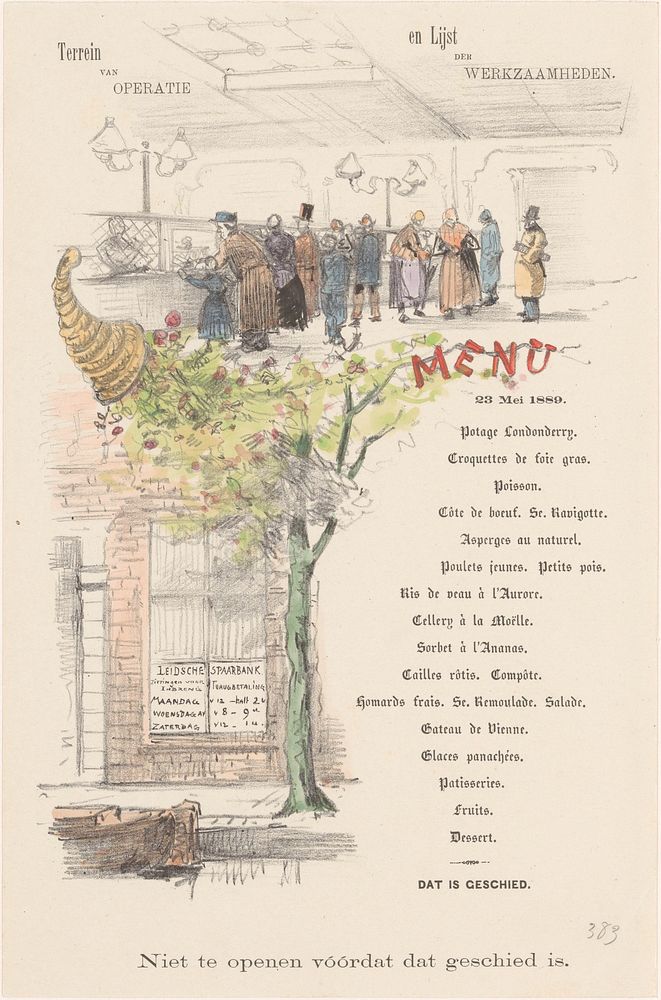 Menukaart voor de Leidsche spaarbank (in or before 1889) by Theo van Hoytema