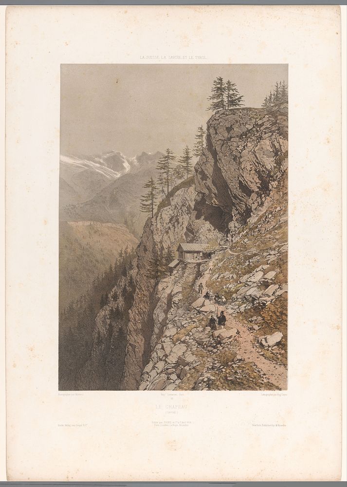 Wandelaars op bergpad bij Chamonix en de Mont Blanc (1859) by Eugène Cicéri, Frédéric Martens, Joseph Rose Lemercier, Goupil…