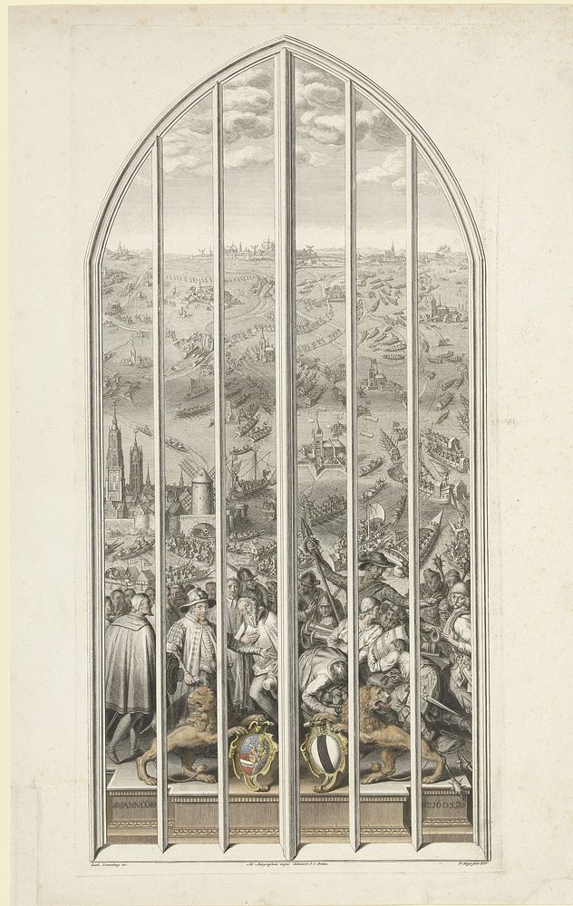 Glasraam 25 in de Sint-Janskerk te Gouda: Het ontzet van Leiden, 1574 (1738 - 1754) by Pieter Tanjé, Julius Caesar Boëthius…