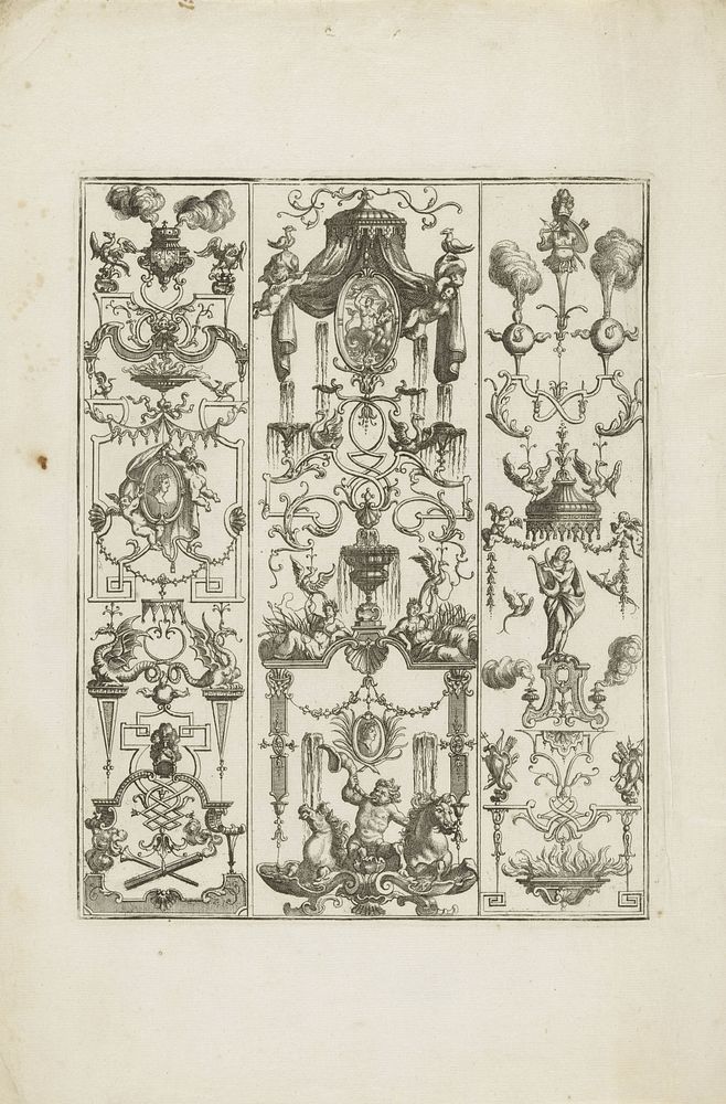 Grotesken met figuur op rug hippocampus (1700 - 1725) by Johann Adam Delsenbach, Paul Decker I and Johann Christoph Weigel