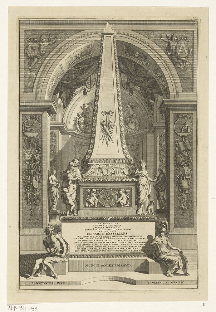 Monument ter gelegenheid van de bruiloft van Jonas Witsen en Elisabet Basseliers (1701) by Jan Goeree, Jan Goeree, Simon…