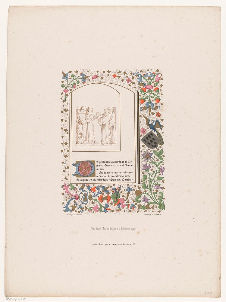 Boekverluchting met bloemenmotief om een groep monniken en vrouwen met Latijnse tekst (c. 1829 - c. 1854) by anonymous…