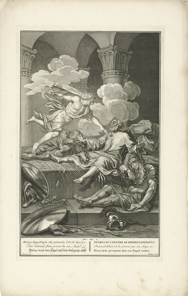 Petrus door een engel uit de gevangenis bevrijd (1720 - 1728) by Joseph Mulder and Bernard Picart