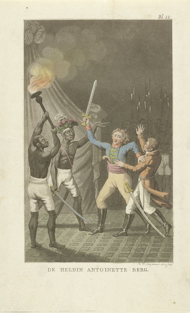 Twee figuren met zwaarden bij twee zwarte mannen (1820) by Willem Hendrik Hoogkamer, Willem Hendrik Hoogkamer and Cornelis…