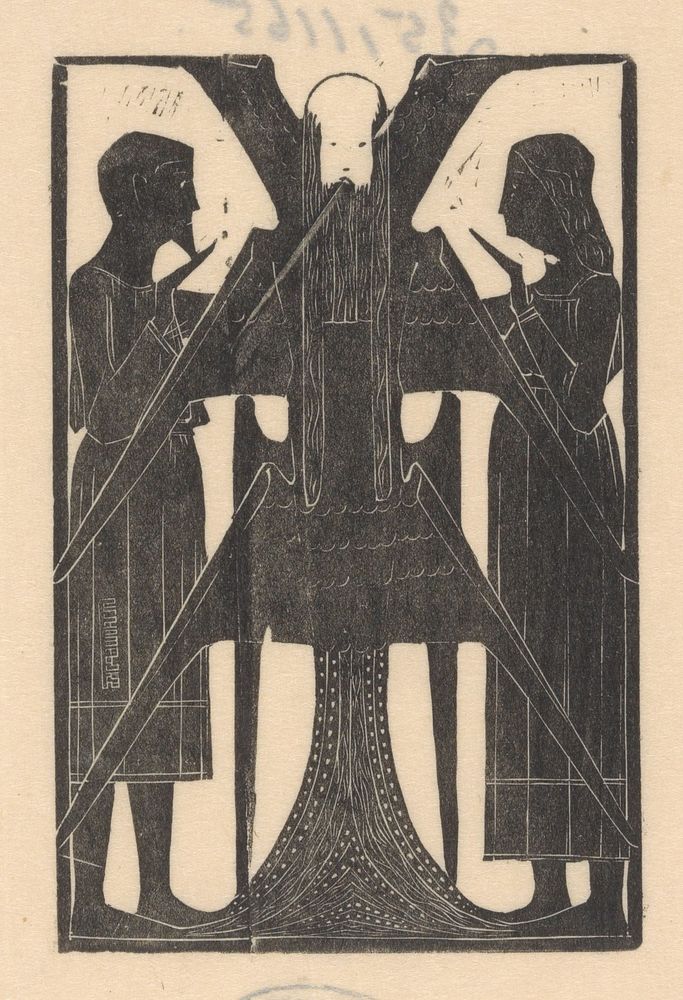 Man en vrouw naast gevleugelde figuur (1935) by Mathieu Lauweriks