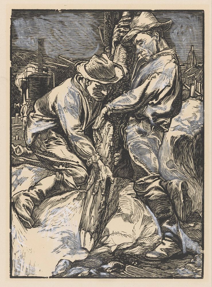 Bouwarbeiders bezig met heiwerk (1881 - 1934) by Johannes Josephus Aarts