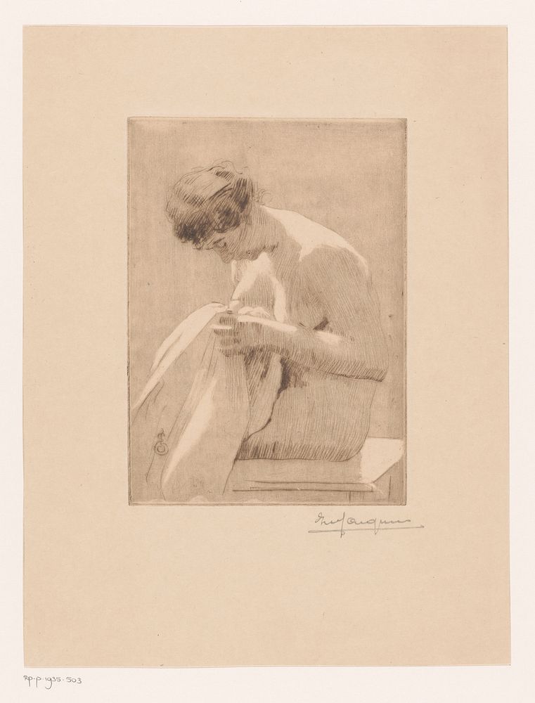 Baadster of zittend vrouwelijk naakt (1884 - 1935) by Emiel Jacques
