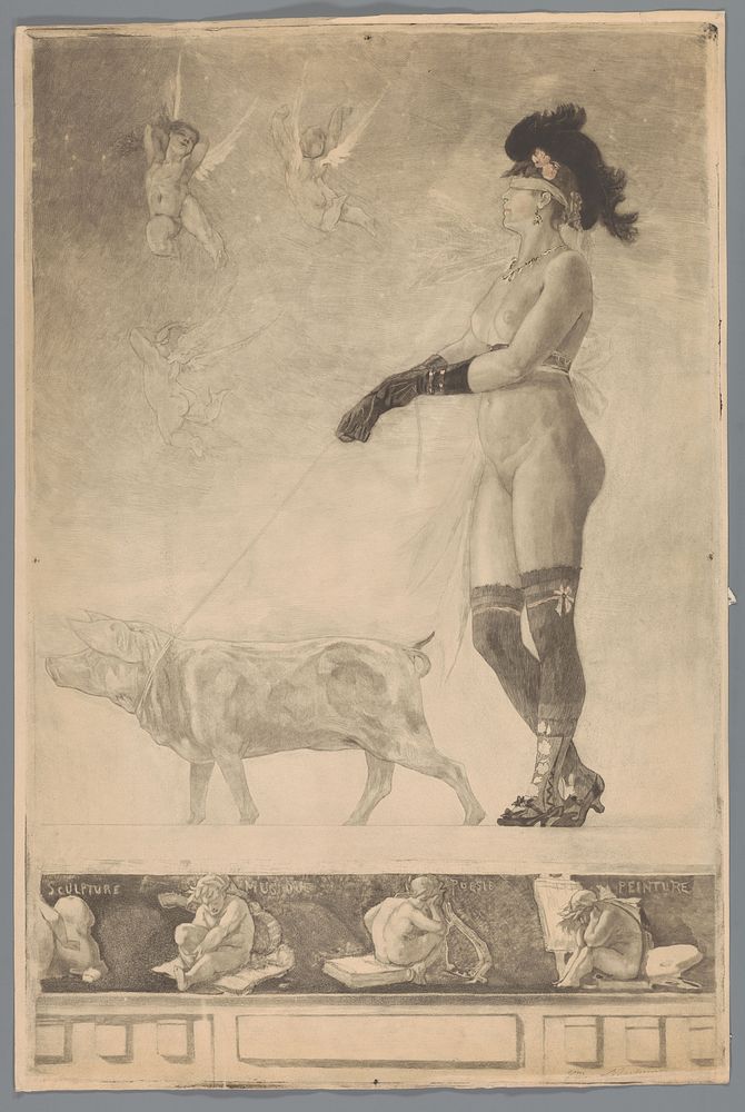 Geblinddoekte naakte vrouw geleid door een varken (1878 - c. 1900) by Félicien Rops