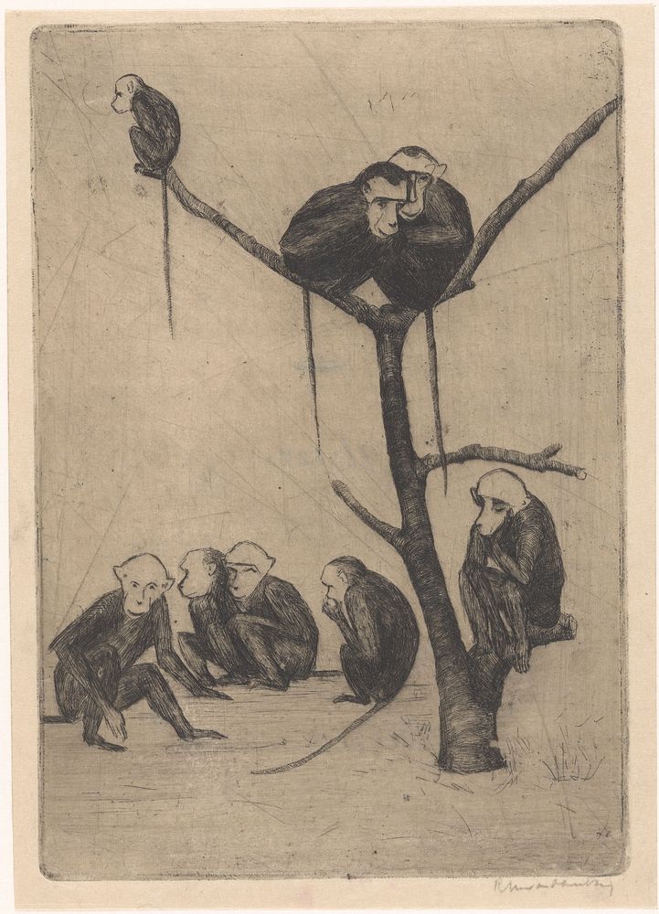 Apen zittend in en bij een boom (1888 - 1936) by Rachel van Dantzig