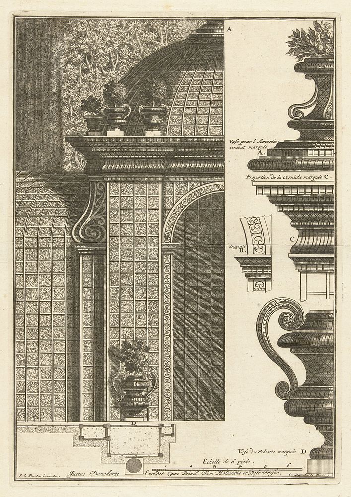 Half latwerkpaviljoen en details (c. 1675 - c. 1686) by Cornelis Danckerts II, Pierre Lepautre, Justus Danckerts and Staten…