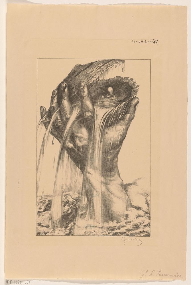 Hand die een oester met parel uit zee opheft (1931) by G L Furiacovics