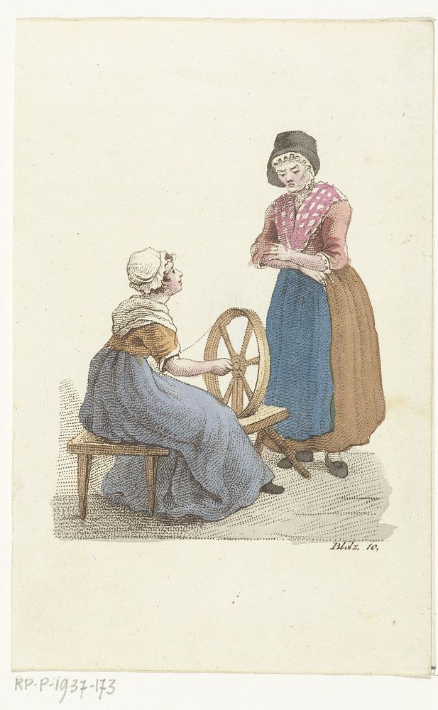 Spinnende vrouw in gesprek met vrouw (1823) by Johannes Alexander Rudolf Best and Gerrit Jan Adriaan Beijerinck